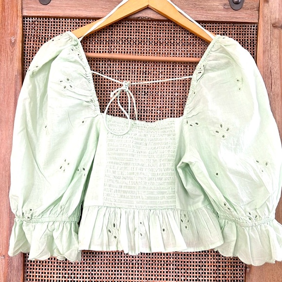 Zara Embroidered Cutout Eyelet Blouse Top Mint Green size XS - Picture 4 of 6